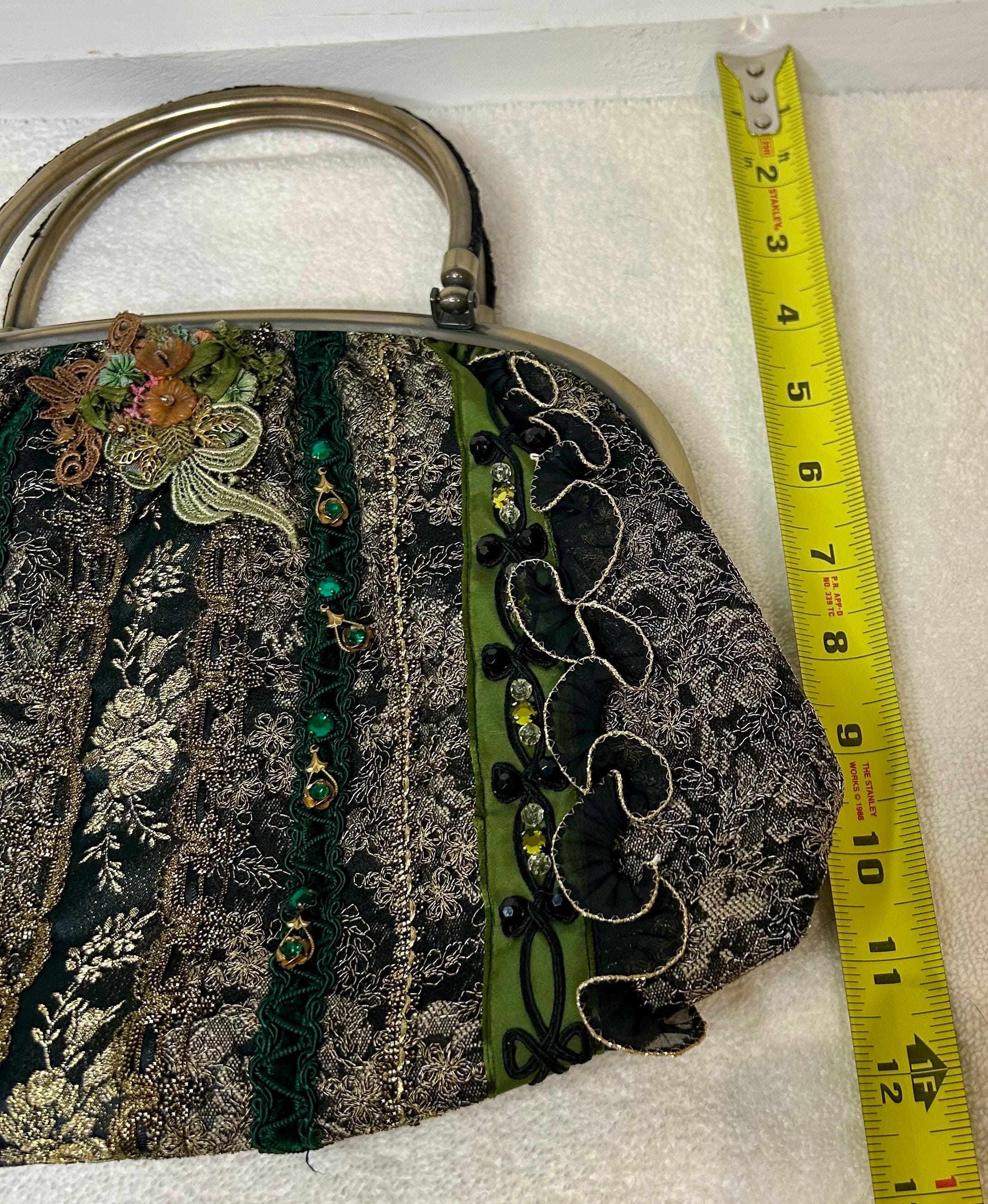 Vintage Chimaki Purse Bag Green, Black & Gold Lace, Beads