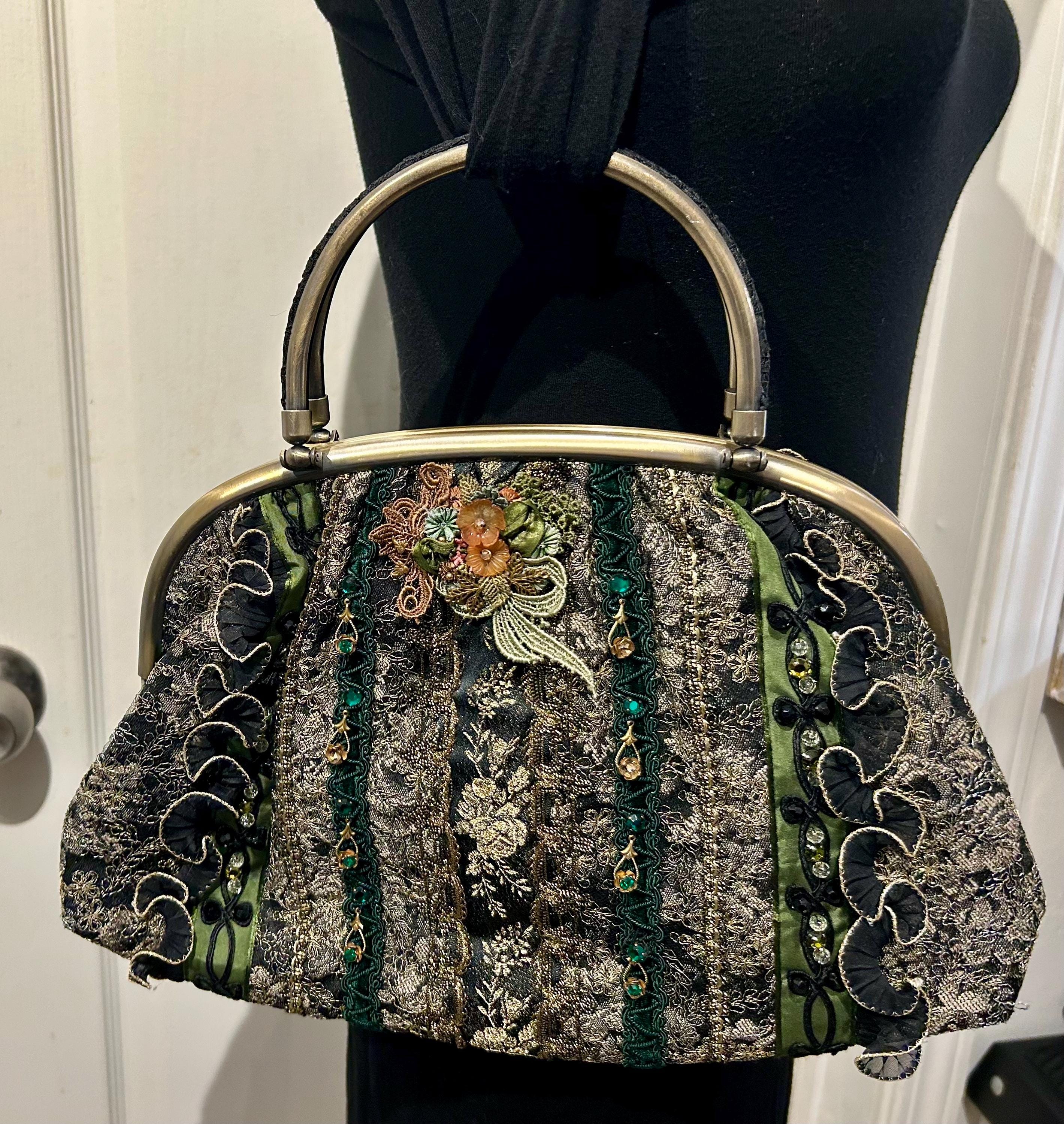 愛用 Black Green, Bag Purse Chimaki Vintage & Beads Lace, Gold バッグ
