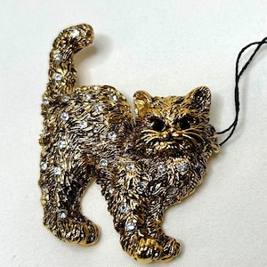 Vintage Butler Cat Brooch Gold Tone & Swarovski Crystals Signed, Original Tag Handmade Fifth Avenue Collection Costume Jewelry 1980’s Canada