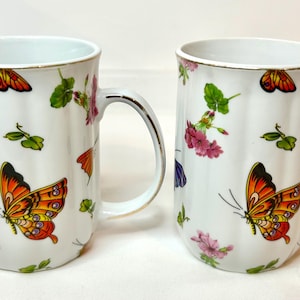 Pair of Royal Elfreda Tea Coffee Cups, Butterflies & Flowers, Fine Porcelain by Allison L L, Vintage Collectible, Elegant Gift Drinkware