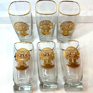 Set van 6 vintage Inca-zonnegod 24K reliëfgoud Peruaanse Artesania Tabuisa-bekers glazen 12oz elegante bargerei exotische barwagen decor