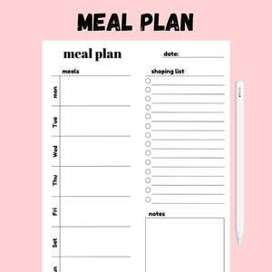 Planer posiłków, tygodniowy plan z listą zakupów, plan menu, planer żywności, A4 B5
