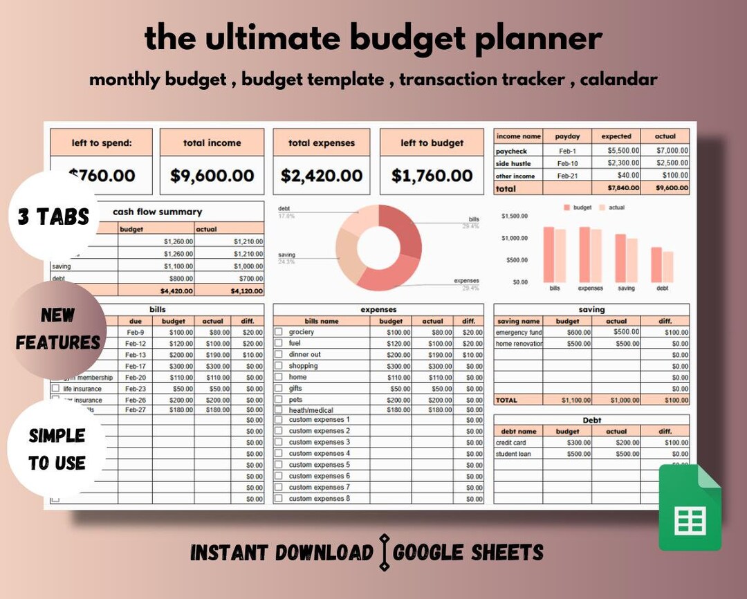 Budget Transaction Sheet.pdf Ultimate Budget Planner for Google Sheets, Budget Spreadsheet, Budget ...