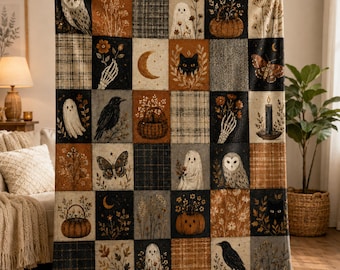 Vintage Halloween Blanket, Patchwork Ghost Owl Black Cat Throw, Pumpkin Crow Moth Fall Decor, Spooky Cottagecore Autumn Halloween Gift