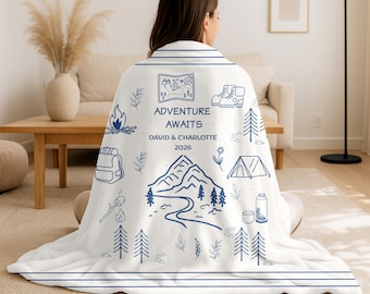 Custom Couples Adventure Awaits Blanket,Personalized Couple Anniversary Blanket,Valentines Day,Doodle Style Hiking Throw,Landscape Keepsake