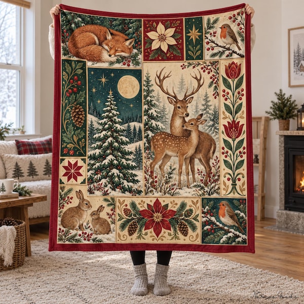 Op de afbeelding: Een rechthoekige plaid met een wintertafereel in meerdere panelen, met een slapende vos, een hert met kalf, konijnen, roodborstjes, kerststerren, dennenbomen en een volle maan, omlijst door een effen donkerrode rand.