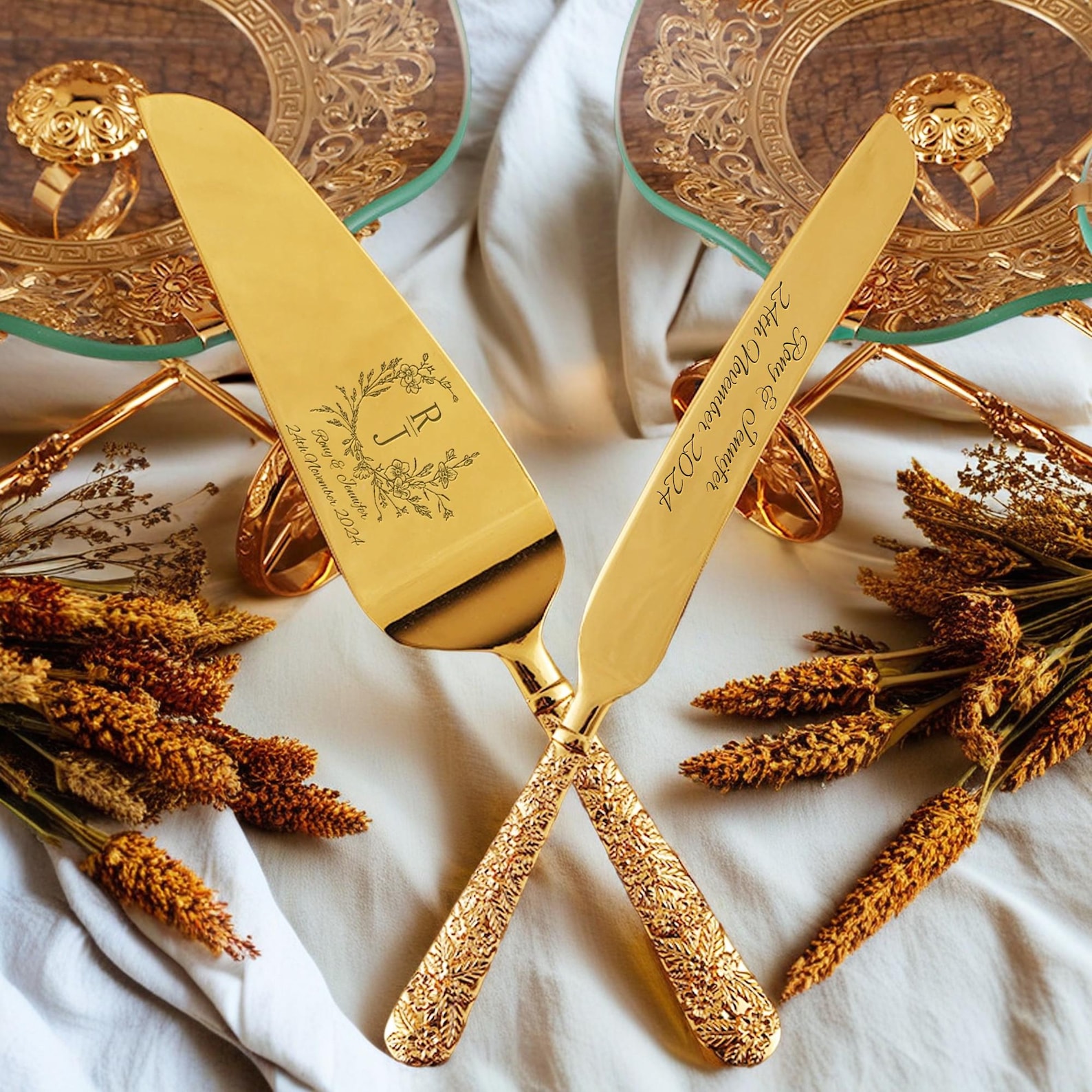 Custom Wedding Cake Server Set | Custom Cake Server | Wedding Gifts | Wedding Ceremony Dessert Silverware, Birthday Anniversary Gifts - Gold, Engraving