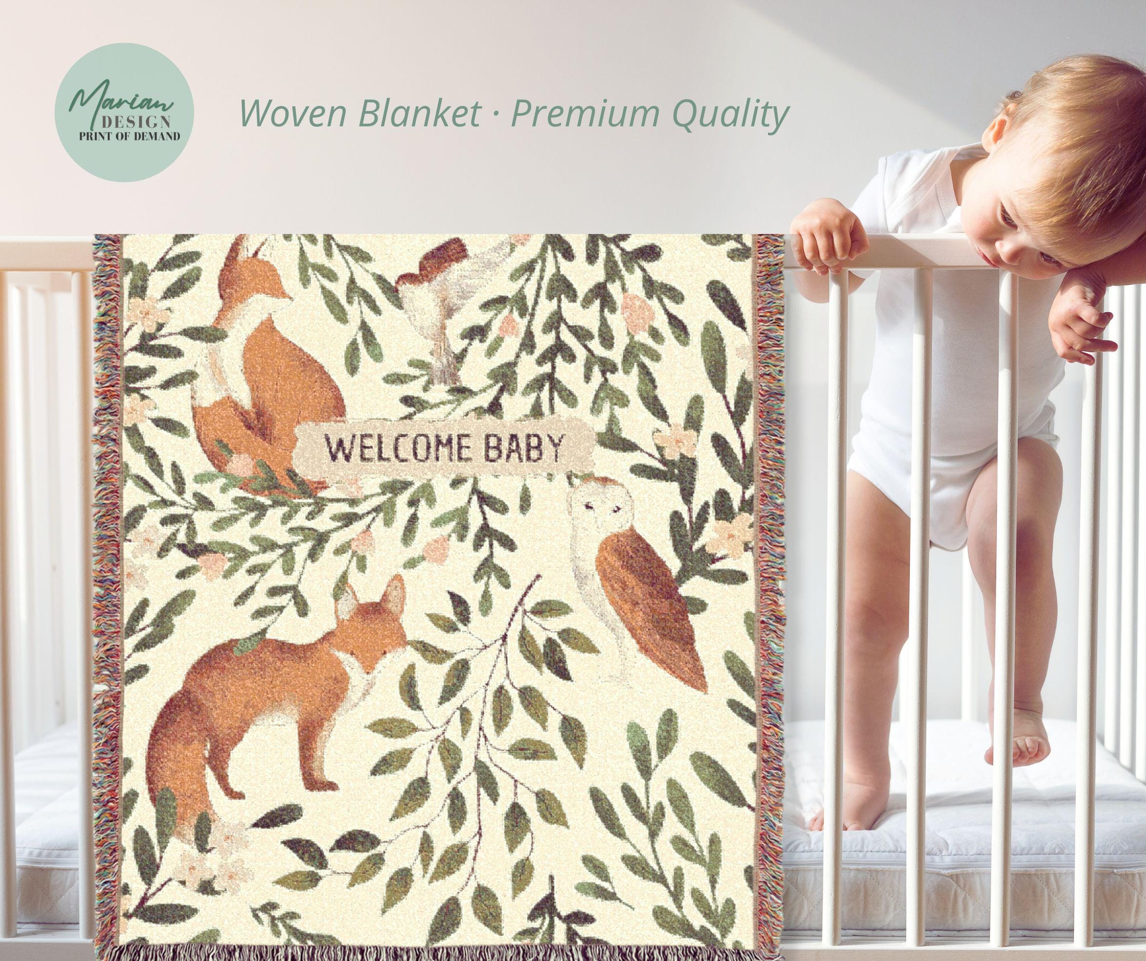 Baby Woven Blanket, Woodland Fox & Owl Crib Throw, Welcome Baby Nursery Blanket, Neutral Baby Sh