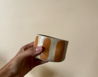Handmade Striped Ceramic Pinched Mug, Thumb Mug, Thumb Cup, 6oz. Striped Pottery Cup, Small Stoneware Coffee Mug, Artisan Mug