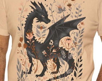Dragon Floral Unisex Jersey T-Shirt, Grafik-T-Shirt, Fantasy-Kleidung, Naturliebhaber Geschenk, Freizeitkleidung, umweltfreundliche Mode