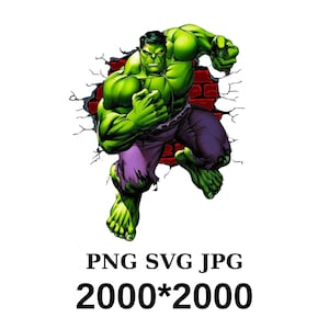 May include: A green Hulk character breaking through a brick wall. The Hulk is wearing purple pants and is in a running pose with his fist clenched.