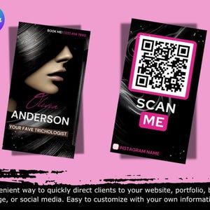 Scan mij QR-code visitekaartjesjabloon | Doe-het-zelfcanvaontwerp voor beautyprofessionals | Digitale boekingskaart visagist en salon Trichologist