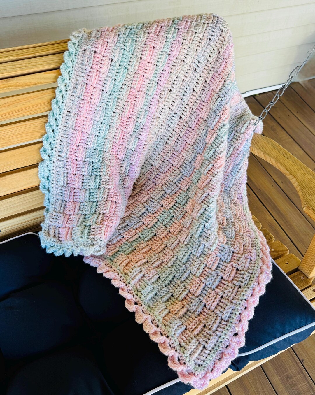 Basketweave Baby Blanket - White Picot Trim