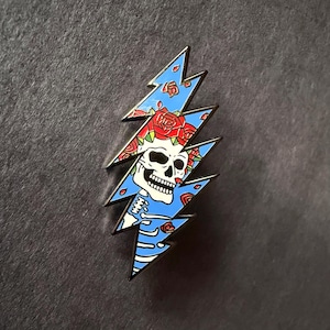 Grateful Dead Bertha Skeleton Enamel Pin – 13 Point Lightning Bolt – Black Nickel Plated 1.5"