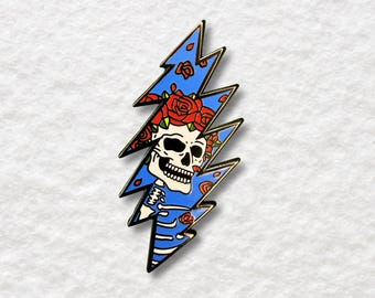 Pin esmaltado de la calavera Bertha de Grateful Dead – Rayo de 13 puntas – Baño de níquel negro de 1,5"