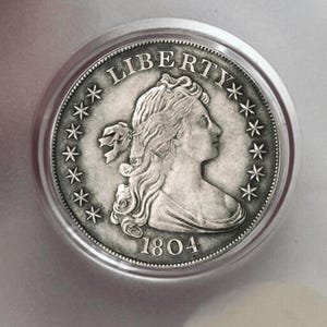 Può includere: Una moneta d'argento con la scritta "LIBERTY" e la data "1804". La moneta presenta un profilo femminile, circondato da stelle e un bordo decorativo. È alloggiata in un astuccio protettivo trasparente. Diametro: circa 3,8 cm.