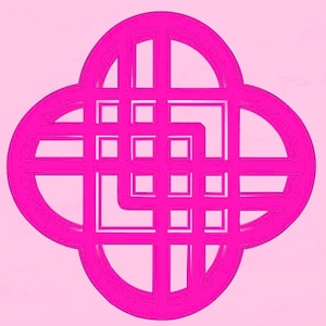 May include: A bright pink, four-leaf clover-shaped design with an intricate, geometric pattern. The design features a series of intersecting lines and squares, set against a light pink background. The overall aesthetic is modern and decorative.