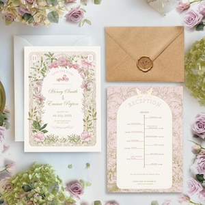 Elegante plantilla de invitación de boda con temática floral vintage, diseño personalizable de Canva