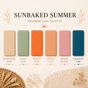 May include: A palette of six rectangular polymer clay colors: Sunwashed Sand, Mossy Sage, Papaya Clay, Apricot Dust, Desert Bloom, and Twilight Tide. The text "Sunbaked Summer Polymer Clay Palette" is at the top.