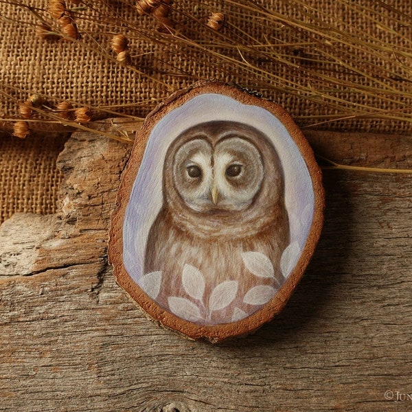 Barred Owl - Original Art/Owl painting/Small painting, wood slice art