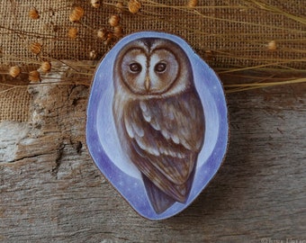 Tawny Owl - Original Art/Owl painting/Small painting, wood slice art