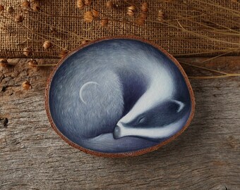 Badger - Original Art/Badger painting/Small painting, wood slice art