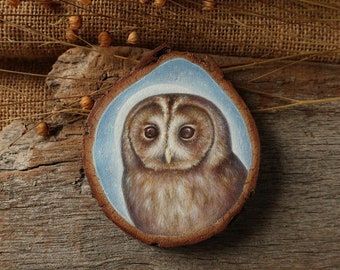 Tawny Owl - Original Art/Tawny Owl painting/Small painting, wood slice art