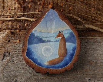 Fox - Original Art/Fox painting/Small painting, wood slice art