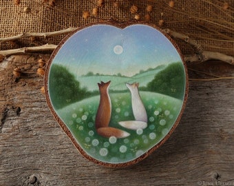 Foxes - Original Art/Fox painting/Small painting, wood slice art