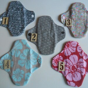 May include: Five reusable cloth pads in different patterns and colors. The pads are numbered 1 through 5.
