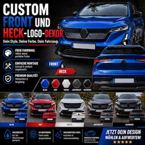 Könnte beinhalten: Ein blaues Auto mit schwarzem Frontgrill und schwarzem Emblem. Das Bild enthält den Text "CUSTOM FRONT UND HECK-LOGO-DEKOR" und "JETZT DEIN DESIGN WÄHLEN & AUFWERTEN!"