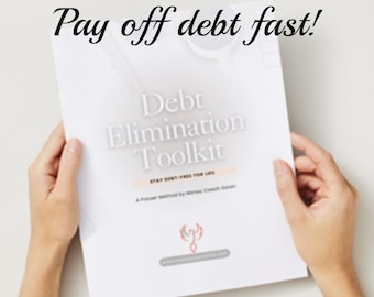 May include: A white document titled "Debt Elimination Toolkit" held by two hands. The document has the text "Pay off debt fast!" at the top. The document also has a logo and website address at the bottom.