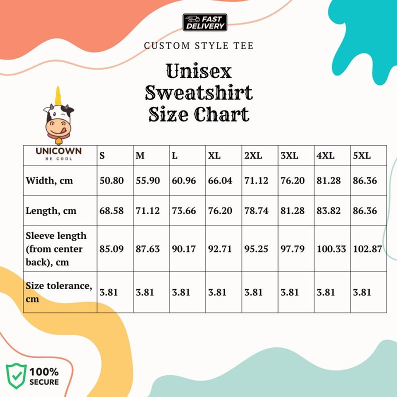May include: Unisex sweatshirt size chart with measurements in centimetres for width, length, and sleeve length from centre back. Sizes range from S to 5XL.