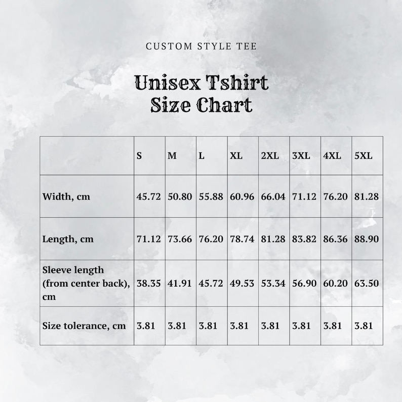 Puede incluir: Tabla de tallas de camiseta unisex con medidas en cent&iacute;metros para ancho, largo, largo de manga (desde el centro de la espalda) y tolerancia de talla.
