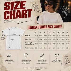 May include: A unisex t-shirt size chart featuring a white t-shirt illustration with width, length, and sleeve length indicators. A table displays measurements in centimetres for sizes S through 5XL. Text includes "SIZE CHART," "UNISEX TSHIRT SIZE CHART," and instructions for measuring.