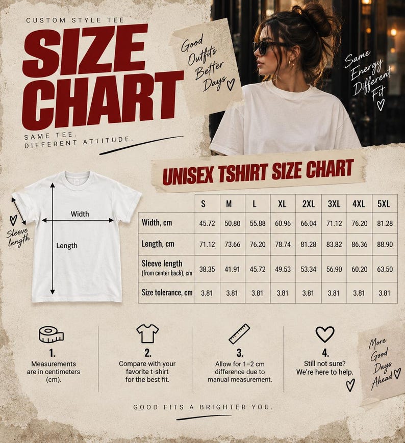 May include: A unisex t-shirt size chart featuring a white t-shirt illustration with width, length, and sleeve length indicators. A table displays measurements in centimetres for sizes S through 5XL. Text includes "SIZE CHART," "UNISEX TSHIRT SIZE CHART," and instructions for measuring.