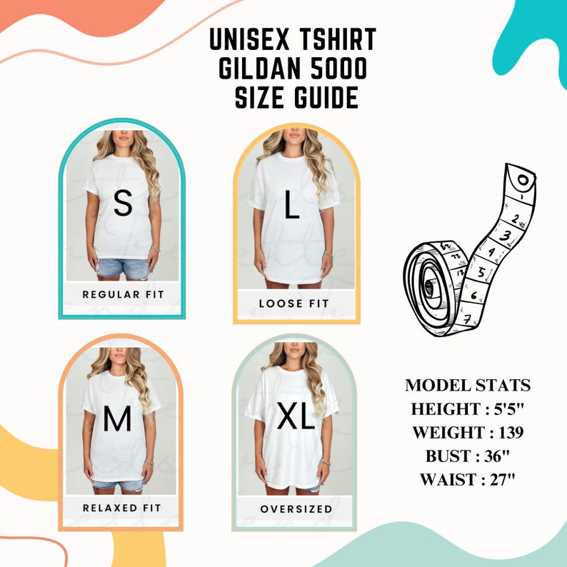 May include: Size guide for unisex t-shirts in sizes S, M, L, and XL. The guide shows the fit of each size on a model, with the model's height and measurements listed. The t-shirts are white and made by Gildan.