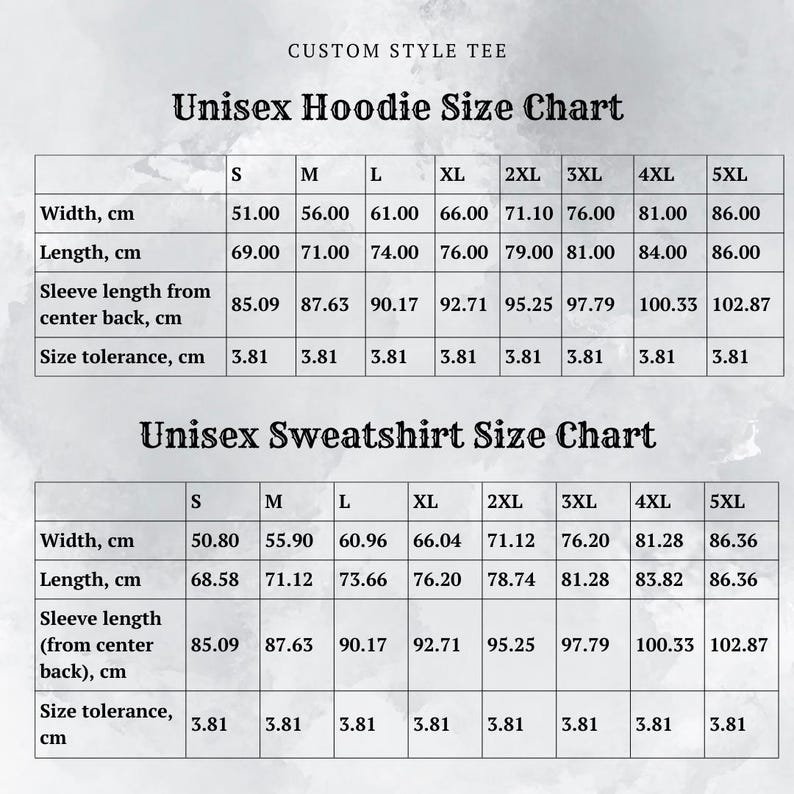 May include: Unisex hoodie and sweatshirt size chart with measurements in centimeters for width, length, sleeve length from center back, and size tolerance.