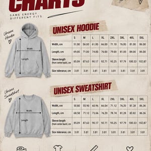 May include: A size chart for unisex hoodies and sweatshirts featuring a light grey hoodie and a light grey crewneck sweatshirt. The chart displays width, length, and sleeve length measurements in centimetres for sizes S through 5XL, with instructions on how to measure.