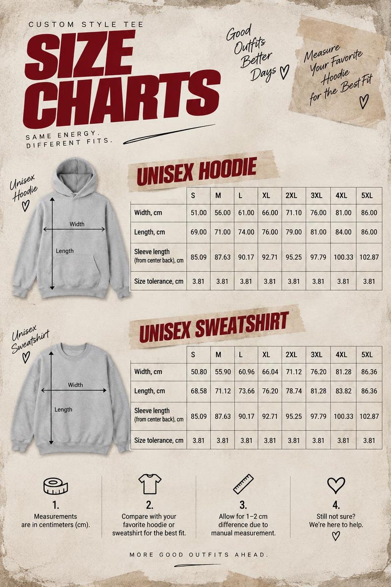 May include: A size chart for unisex hoodies and sweatshirts featuring a light grey hoodie and a light grey crewneck sweatshirt. The chart displays width, length, and sleeve length measurements in centimetres for sizes S through 5XL, with instructions on how to measure.