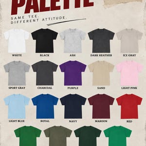 May include: A colour palette chart for a t-shirt featuring nineteen colour options including white, black, ash, dark heather, ice grey, sport grey, charcoal, purple, sand, light pink, light blue, royal, navy, maroon, red, turf, military, forest, and irish green.