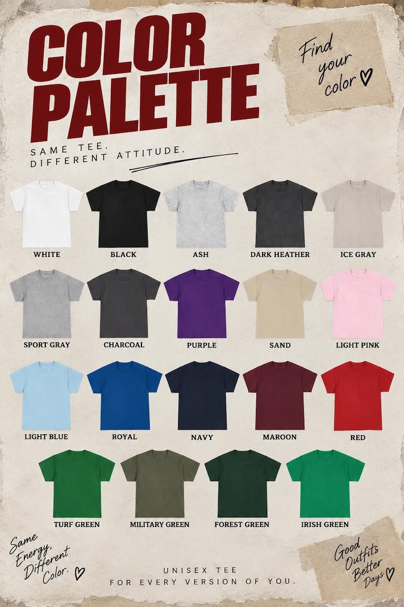 May include: A colour palette chart for a t-shirt featuring nineteen colour options including white, black, ash, dark heather, ice grey, sport grey, charcoal, purple, sand, light pink, light blue, royal, navy, maroon, red, turf, military, forest, and irish green.