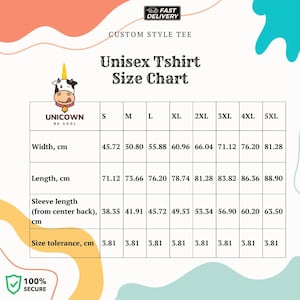 May include: Unisex t-shirt size chart with measurements in centimetres for width, length, sleeve length, and size tolerance. The chart includes sizes S through 5XL.