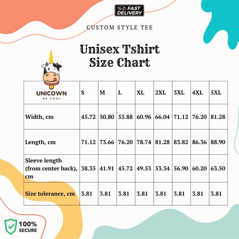May include: Unisex t-shirt size chart with measurements in centimetres for width, length, sleeve length, and size tolerance. The chart includes sizes S through 5XL.