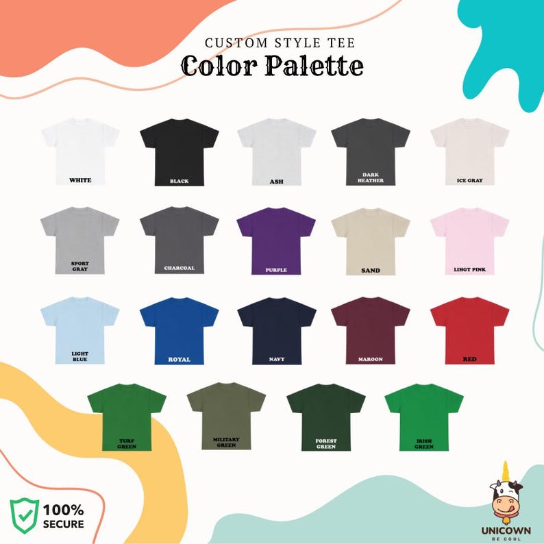May include: A colour palette of 20 different t-shirt colours, displayed as a grid of small t-shirt images. The colours include white, black, ash, dark heather, ice grey, sport grey, charcoal, purple, sand, light pink, light blue, royal, navy, maroon, red, turf green, military green, forest green, and lime green.
