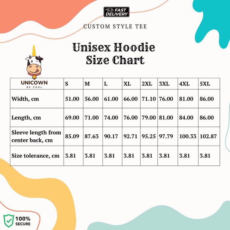 May include: Size chart for a unisex hoodie with measurements in centimetres for width, length, sleeve length from centre back, and size tolerance.