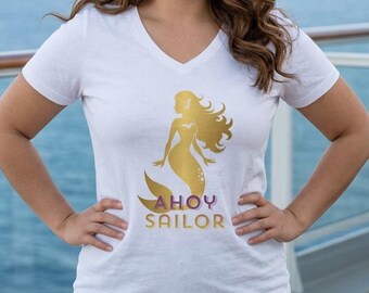 Virgin Voyages Cruise Line Gold Mermaid Silhouette "Ahoy Sailor" V-neck Tee