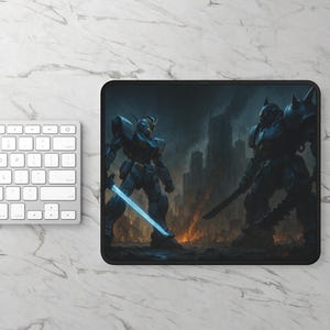 Mecha Duel Gaming Mouse Pad | Futuristic Robot Battle, Neon Sword, Dark Cityscape