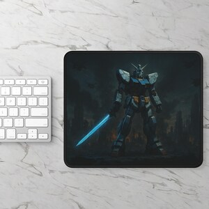 Mecha Warrior with Blue Energy Sword Gaming Mouse Pad  Sci-Fi Robot Battle Desk Mat