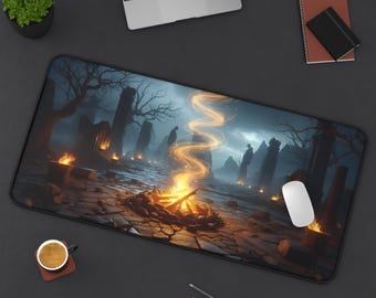 Mystical Campfire Desk Mat, Gaming Mouse Pad, Office Decor, Fantasy Lover Gift, Cozy Workspace Accessory, Unique Desk Decor